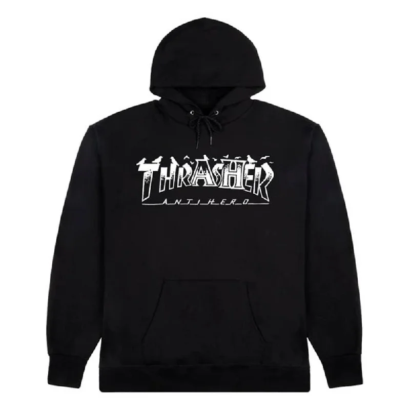 Thrasher X Antihero Hoodie Pigeon Mag - Black Hoodie with Hem Ribbing Snug Secure