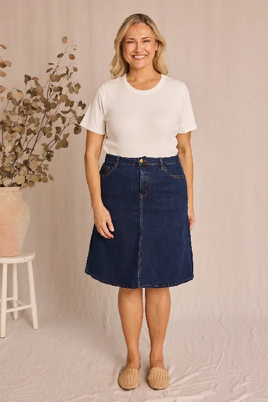Adrift Denim Short A-Line Skirt in Mid Wash casual skirt length