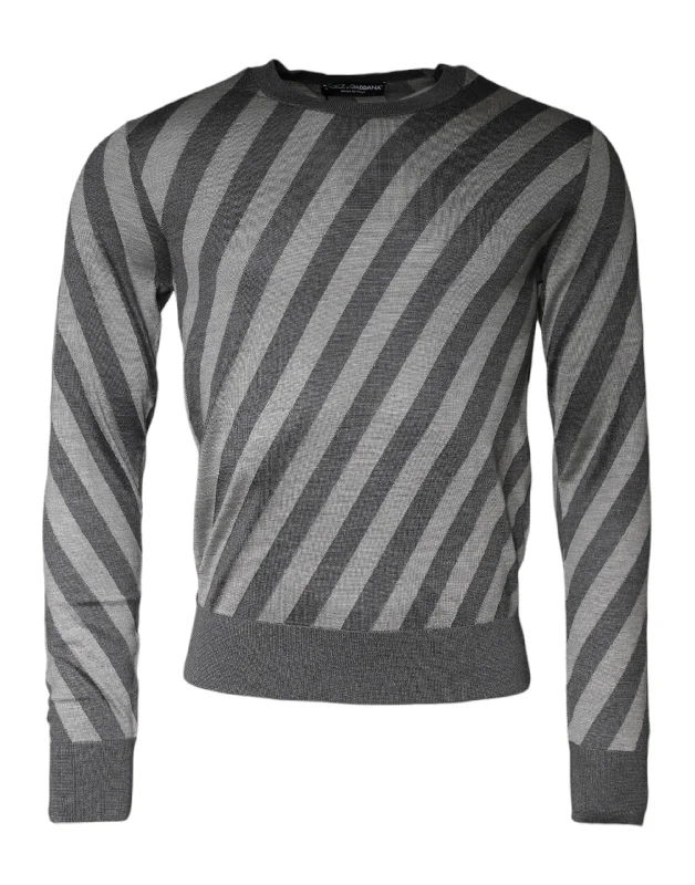Gray Stripes Long Sleeve Round Neck Pullover Sweater Bell Sleeve Stylish