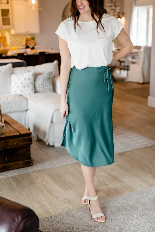 Teal Belted Satin Midi Skirt - FINAL SALE velvet skirt plush