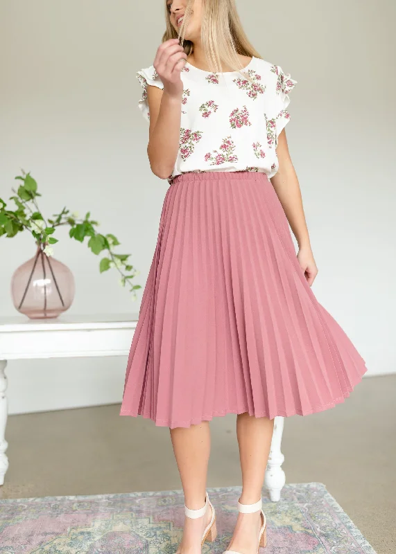 Mauve Pleated Stretch Waist Midi Skirt chiffon skirt airy