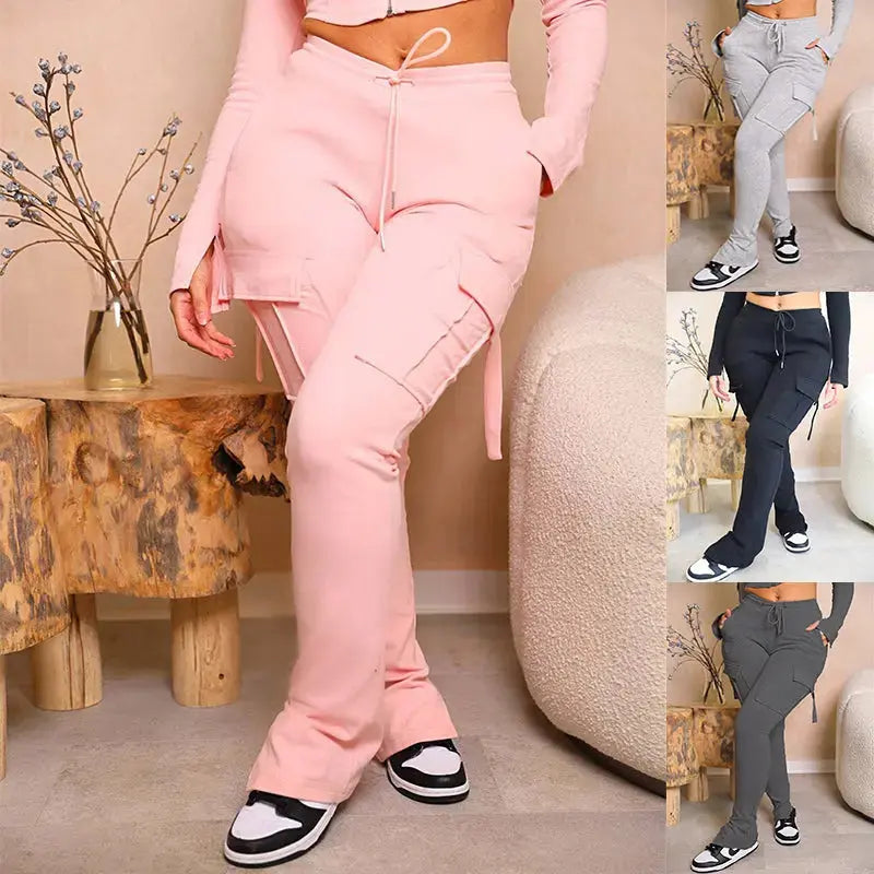 Cargo Pants With Pockets High Waist Drawstring Wide Leg Straight Trousers For Women Overalls Trousers Summer Linen Cargo Pants With Pockets High Waist Drawstring Wide Leg Straight Trousers For Women Overalls Trousers Summer Linen