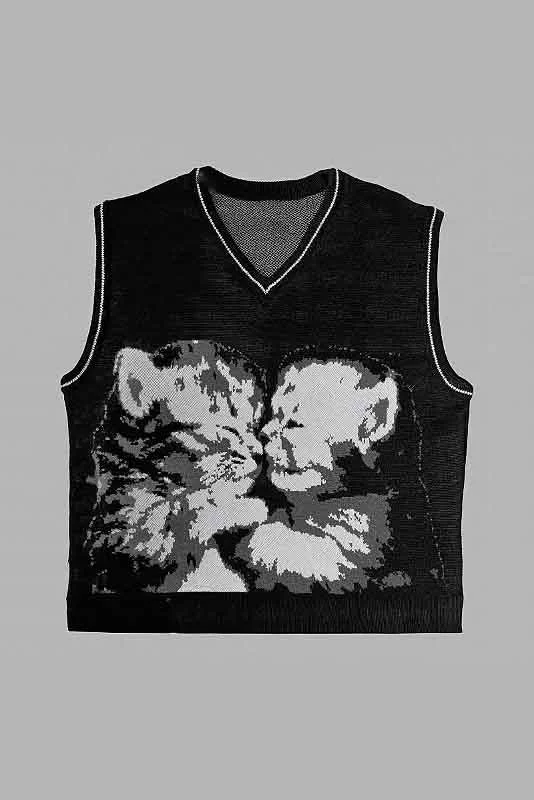 Women's Kawaii Cat Sweater Vest - Y2K Chic Knitted Pullover Long Sleeve Pullover