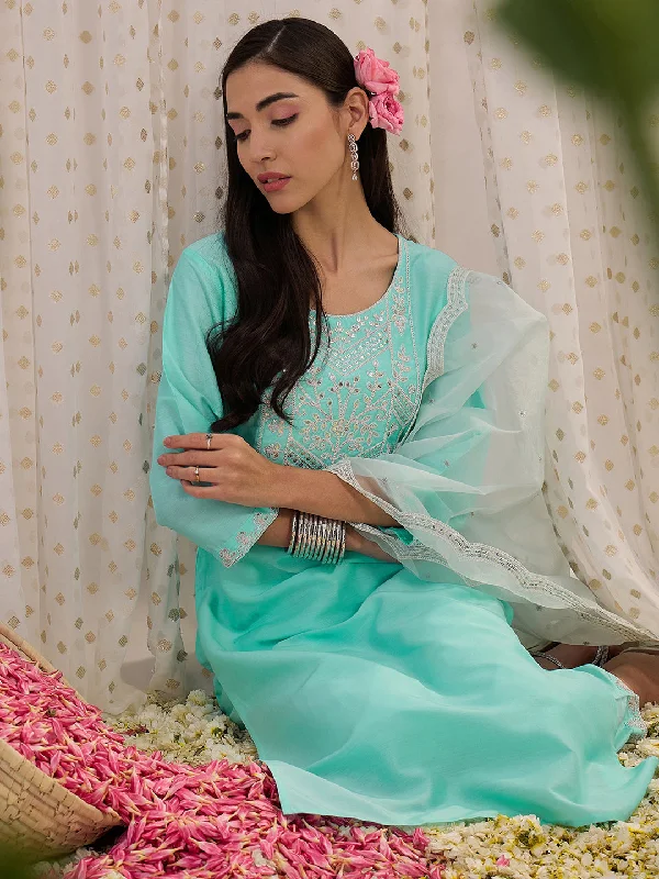 Women Blue Embroidered Straight Kurta Trousers With Dupatta Set Trousers practical durable Women Blue Embroidered Straight Kurta Trousers With Dupatta Set Trousers practical durable