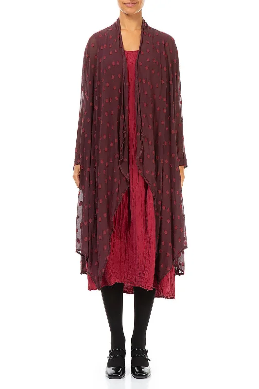 Dotty Open Bordeaux Silk Waterfall Jacket Front Pockets Side Pockets Patch Pockets