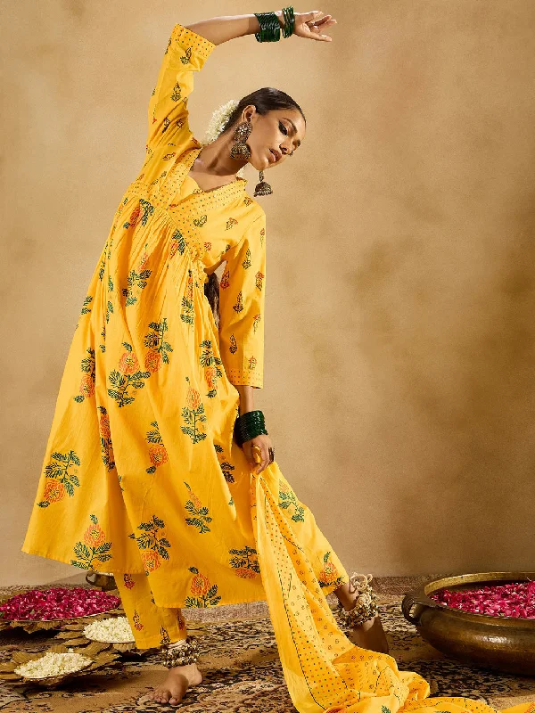 Women Yellow Printed A-Line Kurta Trousers With Dupatta Set Trousers Corduroy Warm