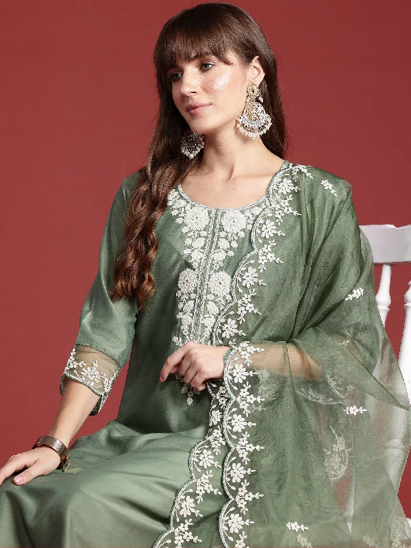 Women Green Embroidered Straight Kurta Trousers With Dupatta Set Trousers Business Professional Women Green Embroidered Straight Kurta Trousers With Dupatta Set Trousers Business Professional