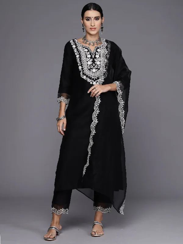 Women Black Embroidered Straight Kurta Trousers With Dupatta Set Trousers Mesh Breathable Women Black Embroidered Straight Kurta Trousers With Dupatta Set Trousers Mesh Breathable