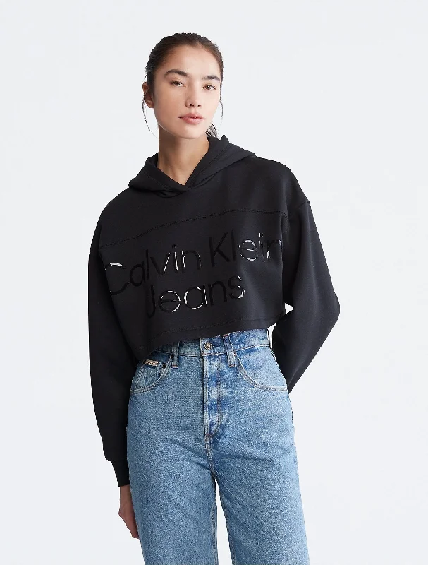 Calvin Klein Cropped Gloss Logo Hoodie - Women Hoodie with Raw Hem Edgy Unfinished