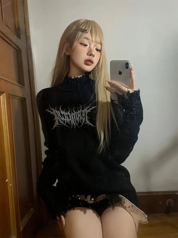 Y2k Punk Print Gothic Sweater - Black Harajuku Tassel Pullover Slouchy Comfort Pullover Y2k Punk Print Gothic Sweater - Black Harajuku Tassel Pullover Slouchy Comfort Pullover