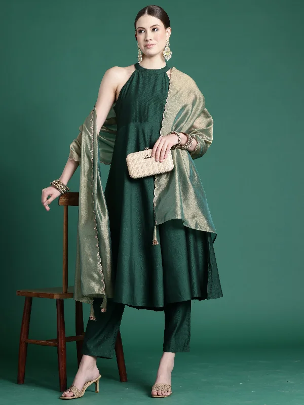 Women Green Solid A-Line Kurta Trousers With Dupatta Set Trousers Brand Named
