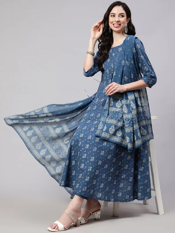 Women's Blue Floral Printed Anarkali Kurta With Trouser And Dupatta - Nayo Clothing Trousers Fleece Cozy Women's Blue Floral Printed Anarkali Kurta With Trouser And Dupatta - Nayo Clothing Trousers Fleece Cozy