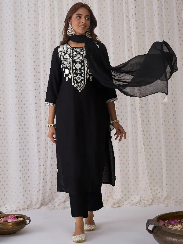 Women Black Embroidered Straight Kurta Trousers With Dupatta Set Trousers versatile all-occasion Women Black Embroidered Straight Kurta Trousers With Dupatta Set Trousers versatile all-occasion
