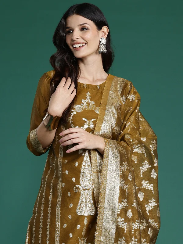 Women Mustard Woven Design Straight Kurta Trousers With Dupatta Set Trousers Evening Elegant Women Mustard Woven Design Straight Kurta Trousers With Dupatta Set Trousers Evening Elegant