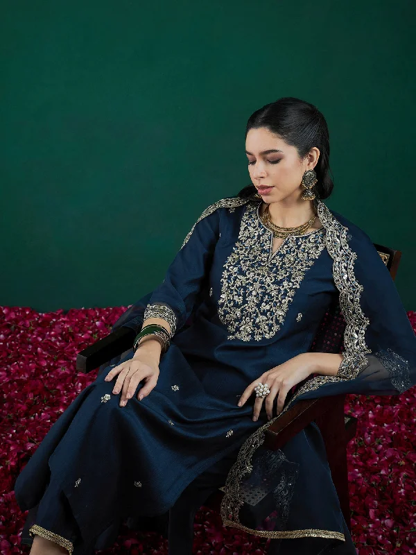 Women Teal Embroidered Straight Kurta Trousers With Dupatta Set Trousers Solid Black