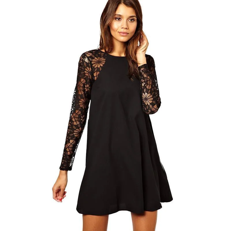 Women Autumn Chiffon Solid Black Dress Crewneck A-Line Lace Long Sleeve Street Umbrella Dress Women Autumn Chiffon Solid Black Dress Crewneck A-Line Lace Long Sleeve Street Umbrella Dress
