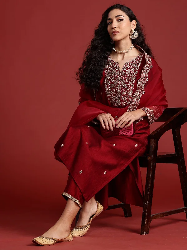 Women Maroon Embroidered Straight Kurta Trousers With Dupatta Set Trousers Polka Dot Cute Women Maroon Embroidered Straight Kurta Trousers With Dupatta Set Trousers Polka Dot Cute