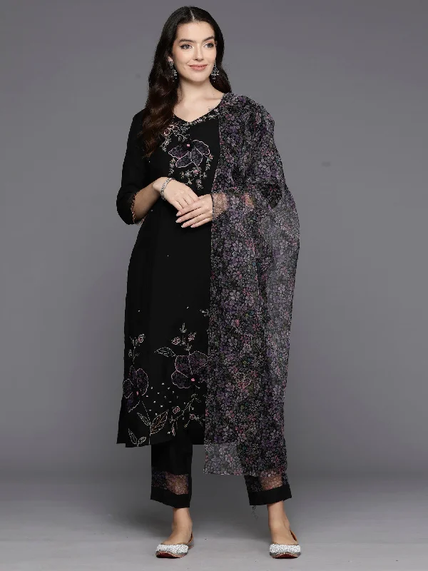Women Black Embroidered Straight Kurta Trousers With Dupatta Set Trousers Designer Luxury Women Black Embroidered Straight Kurta Trousers With Dupatta Set Trousers Designer Luxury