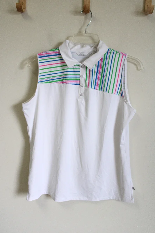 Lady Hagen White Striped Polo Tank | L solid color tank