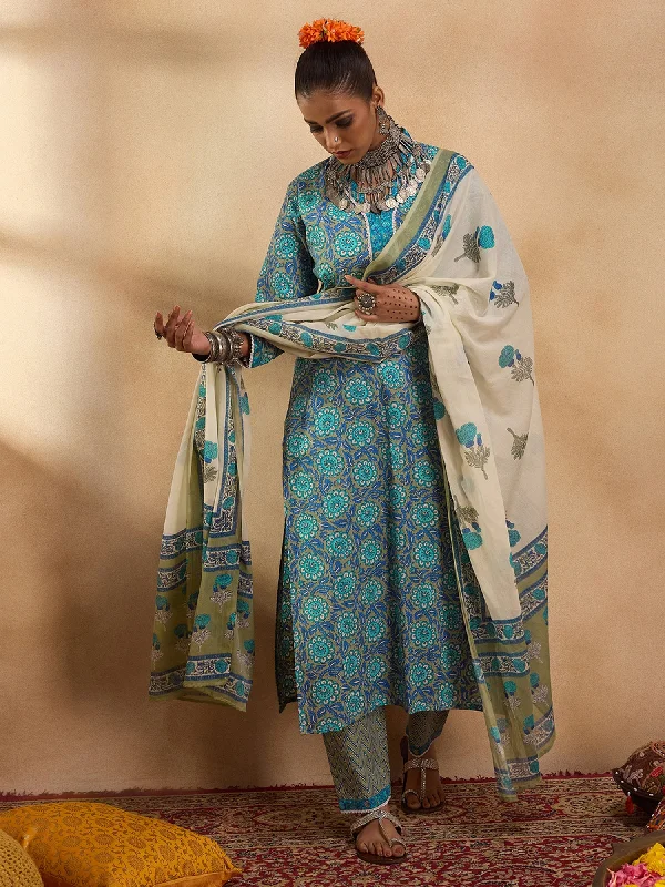 Women Blue Printed Straight Kurta Trousers With Dupatta Set Trousers Cargo Utility