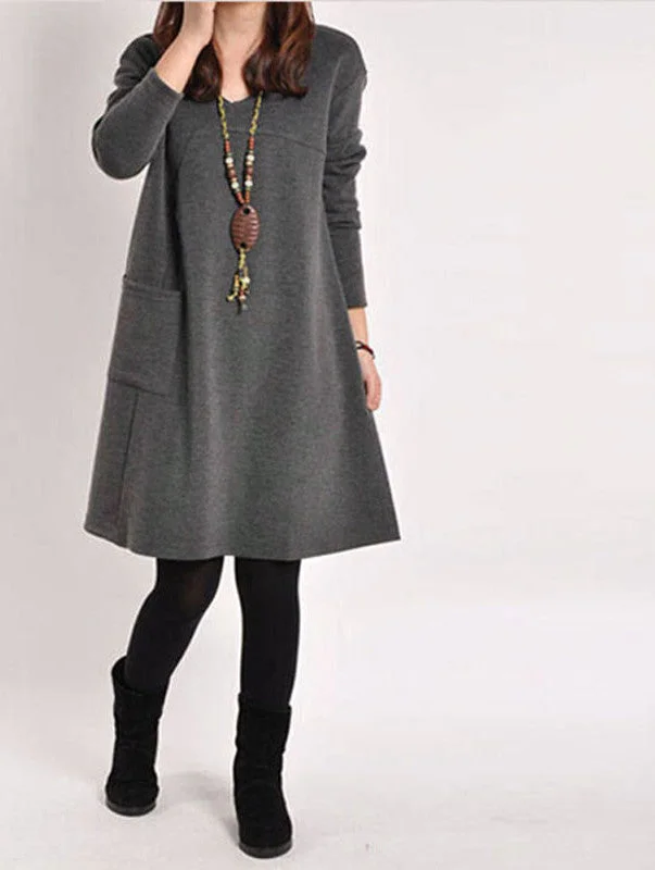 Long Blusas Women Long Sleeve Pocket Dress Solid O Neck Casual Loose Dresses Vestidos Plus Size S-5XL