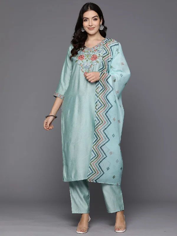 Women Blue Embroidered Straight Kurta Trousers With Dupatta Set Trousers Winter Warm Women Blue Embroidered Straight Kurta Trousers With Dupatta Set Trousers Winter Warm
