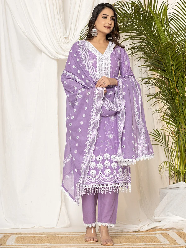 Women Lavender Embroidered Straight Kurta Trousers Set Trousers Yoga Stretchy