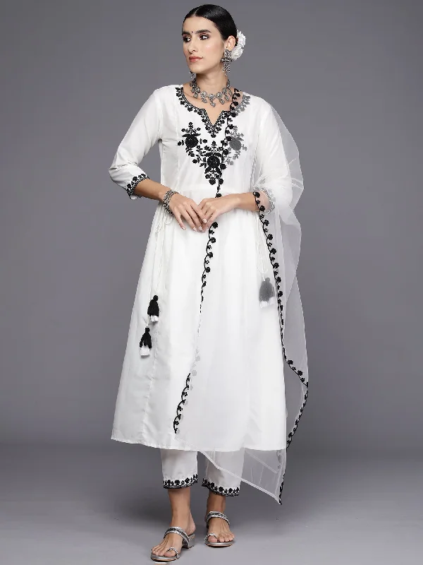 Women White Embroidered A-Line Kurta Trousers With Dupatta Set Trousers Party Sparkling Women White Embroidered A-Line Kurta Trousers With Dupatta Set Trousers Party Sparkling