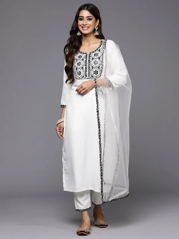 Women White Embroidered Straight Kurta Trousers With Dupatta Set Trousers Essential Wardrobe Women White Embroidered Straight Kurta Trousers With Dupatta Set Trousers Essential Wardrobe