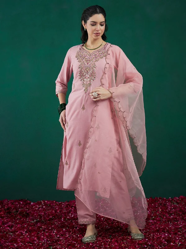 Women Pink Embroidered Straight Kurta Trousers With Dupatta Set Trousers Flared Retro Women Pink Embroidered Straight Kurta Trousers With Dupatta Set Trousers Flared Retro