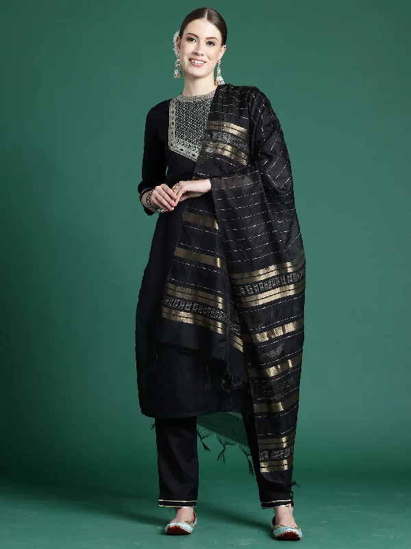 Women Black Self Design Straight Kurta Trousers With Dupatta Set Cropped Trousers Casual Linen Women Black Self Design Straight Kurta Trousers With Dupatta Set Cropped Trousers Casual Linen