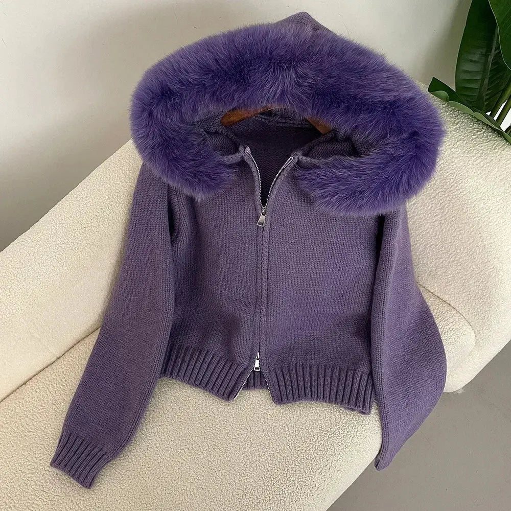 FZ Women's Hooded Real Fox Fur Collar Natural Short Knitted Jacket Knit Jacket Woven Jacket Fleece Jacket FZ Women's Hooded Real Fox Fur Collar Natural Short Knitted Jacket Knit Jacket Woven Jacket Fleece Jacket