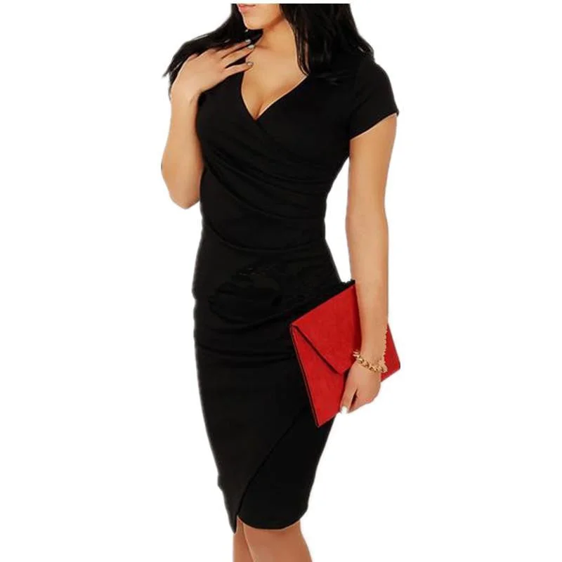 Dress Women Summer V-neck Slim Lady Wrap Red/Black Dresses Short Sleeve Sheath Package Hip Women Dresses vestidos Dress Women Summer V-neck Slim Lady Wrap Red/Black Dresses Short Sleeve Sheath Package Hip Women Dresses vestidos