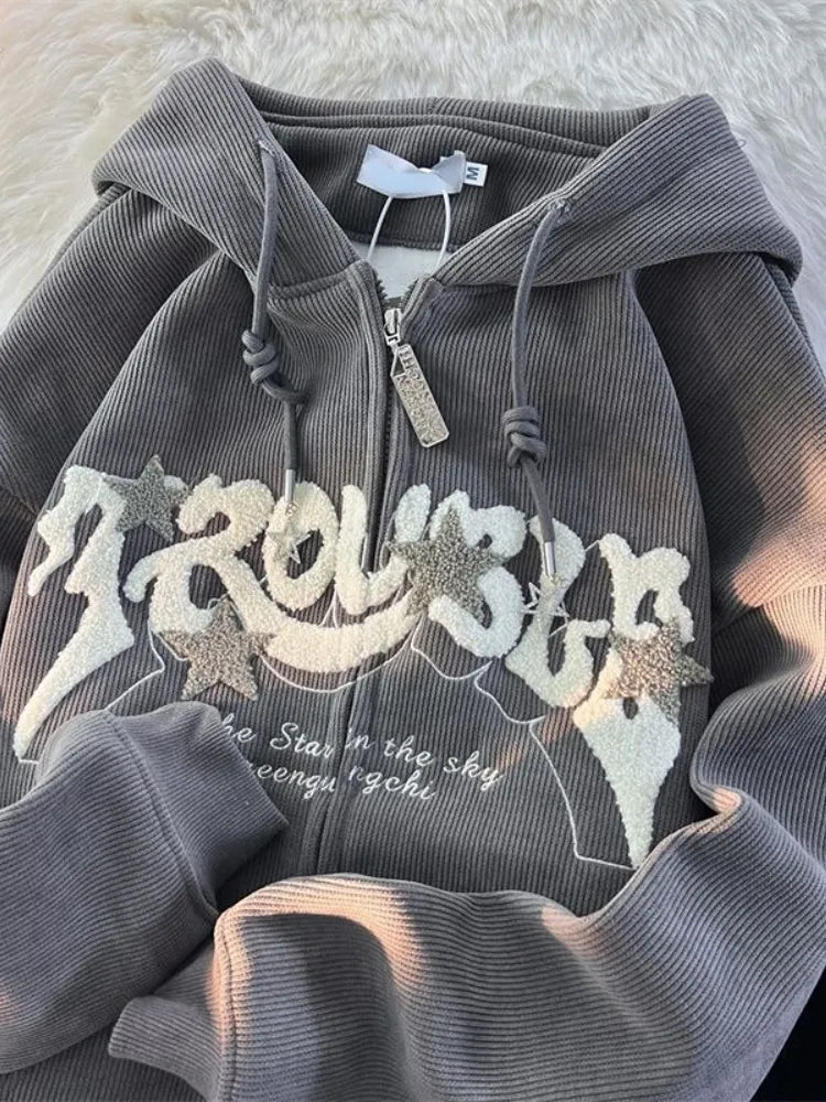 Embroidered Zipper Cardigan Women's Clothing Autumn and Winter Retro Hoodie Plush Thick Sweatshirt Loose Drape Lazy Top Women Hoodie with Side Slits Relaxed Casual Embroidered Zipper Cardigan Women's Clothing Autumn and Winter Retro Hoodie Plush Thick Sweatshirt Loose Drape Lazy Top Women Hoodie with Side Slits Relaxed Casual