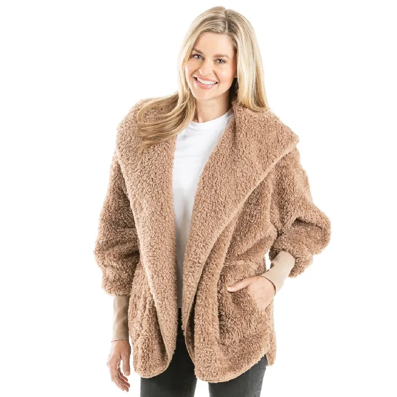 Brown Sherpa Lightweight Body Wrap with Hoodie and Pockets Hoodie with Exposed Zipper Edgy Industrial