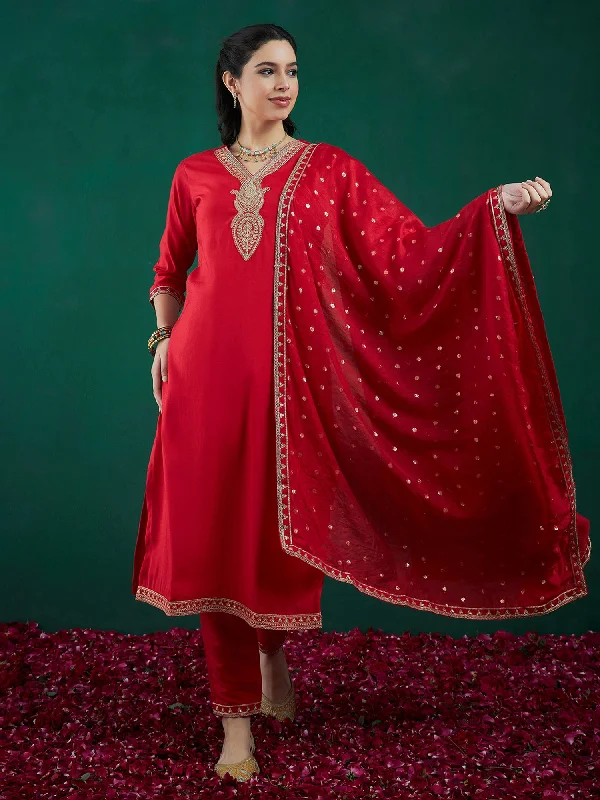 Women Red Embroidered Straight Kurta Trousers With Dupatta Set Trousers Timeless Classic Women Red Embroidered Straight Kurta Trousers With Dupatta Set Trousers Timeless Classic