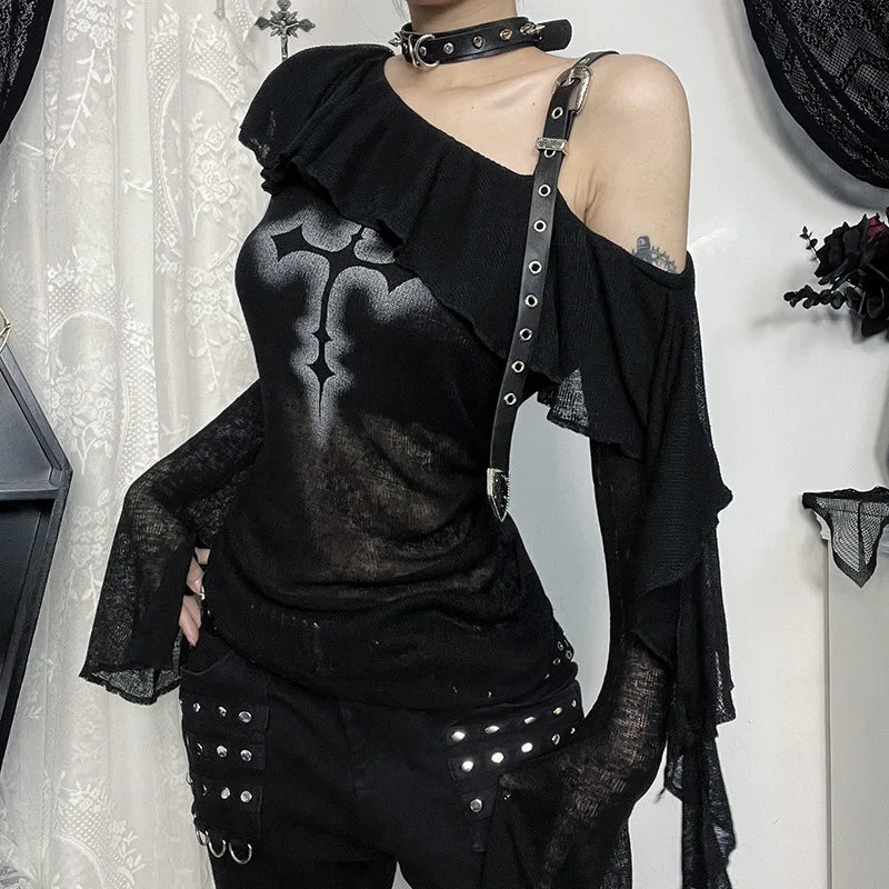 Leather Buckle Print Pullover Knit Sheer Blouse For Women Wide Sleeve Pullover
