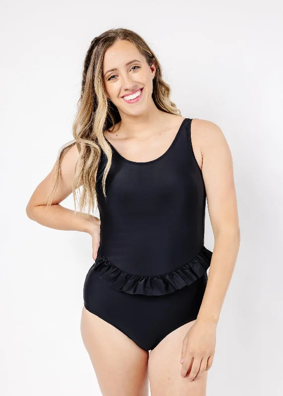 Skirted One-Piece | Black silk skirt luxurious