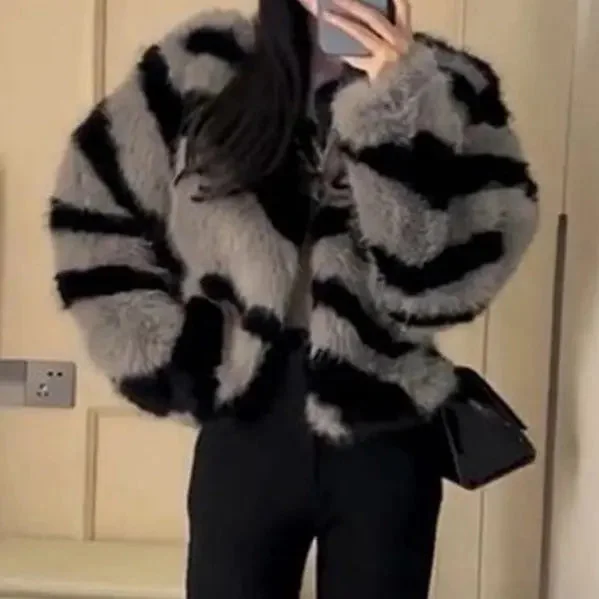 FZ Women's Zebra Pattern Faux Fur Short Classic Plush Jacket Hooded Jacket Caped Jacket Shawl Collar Jacket FZ Women's Zebra Pattern Faux Fur Short Classic Plush Jacket Hooded Jacket Caped Jacket Shawl Collar Jacket
