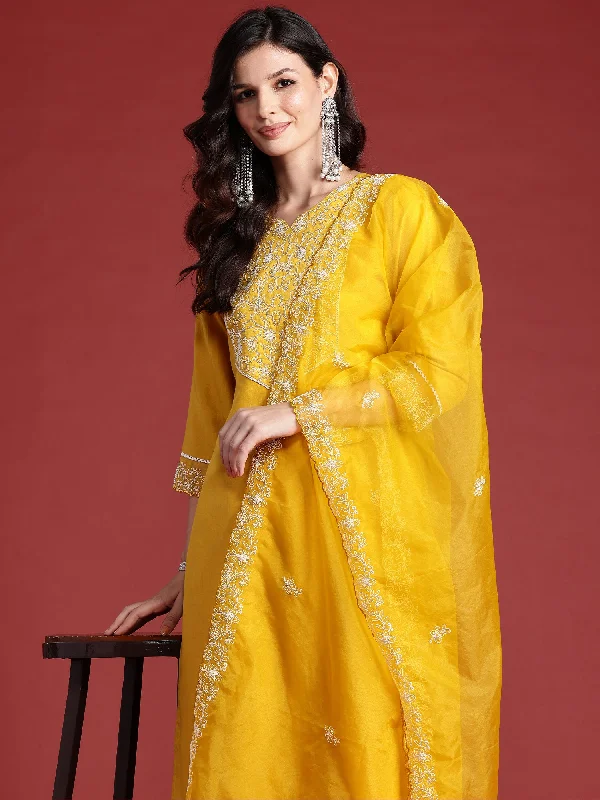 Women Yellow Embroidered Straight Kurta Trousers With Dupatta Set Trousers Mesh Breathable Women Yellow Embroidered Straight Kurta Trousers With Dupatta Set Trousers Mesh Breathable