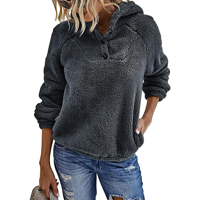 Women’s Fleece Long Sleeves Shaggy Fuzzy Pullover Hoodie Besom Neck Pullover