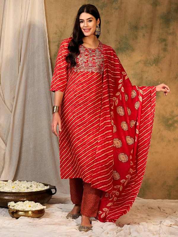 Women Red Printed Straight Kurta Trousers With Dupatta Set Trousers Elastic Waist Soft Women Red Printed Straight Kurta Trousers With Dupatta Set Trousers Elastic Waist Soft