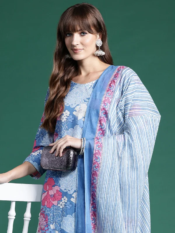 Women Blue Printed Straight Kurta Trousers With Dupatta Set Trousers versatile functional Women Blue Printed Straight Kurta Trousers With Dupatta Set Trousers versatile functional