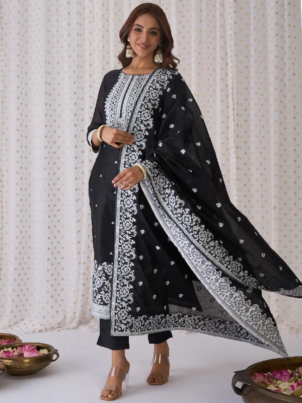 Women Black Woven Design Straight Kurta Trousers With Dupatta Set Trousers Chinos Classic Women Black Woven Design Straight Kurta Trousers With Dupatta Set Trousers Chinos Classic