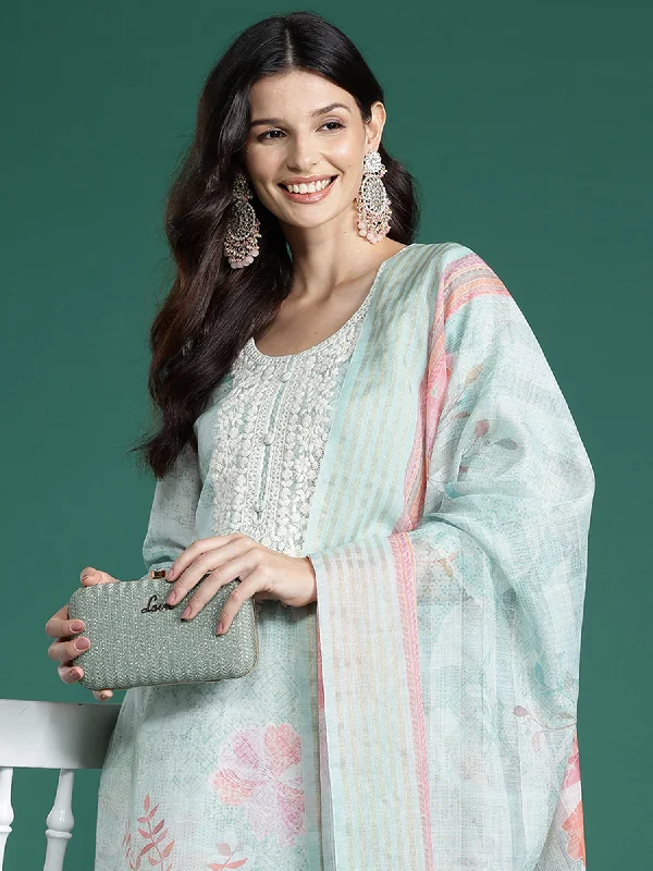 Women Sea Green Printed Straight Kurta Trousers With Dupatta Set Trousers Spring Floral Women Sea Green Printed Straight Kurta Trousers With Dupatta Set Trousers Spring Floral
