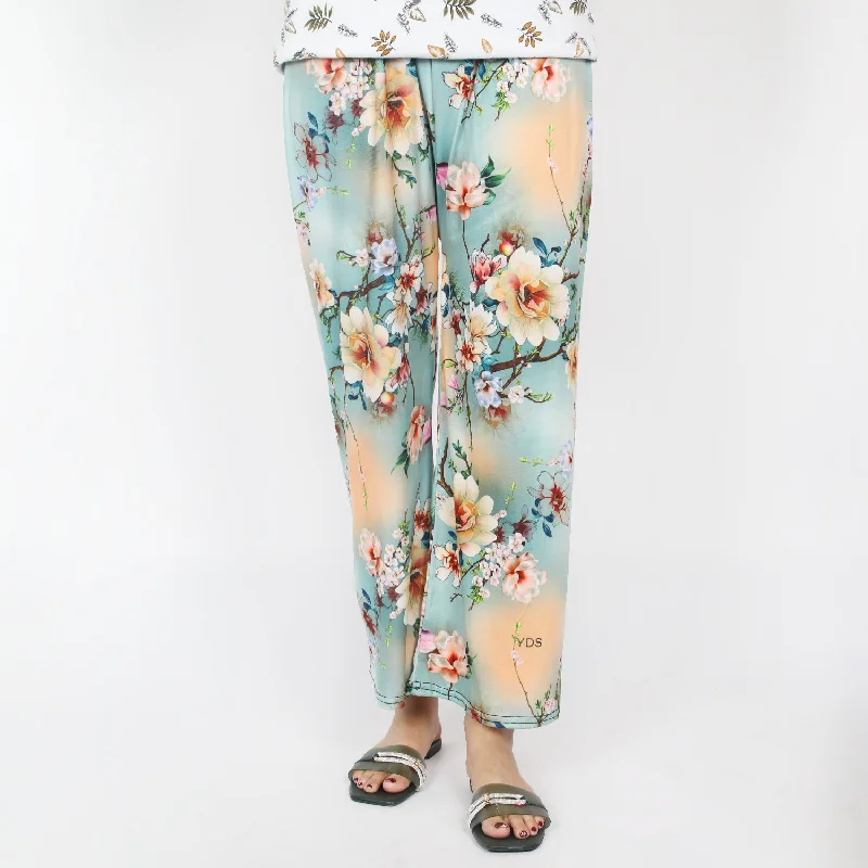 Women's Printed Trouser - Cyan Cropped Trousers Casual Linen