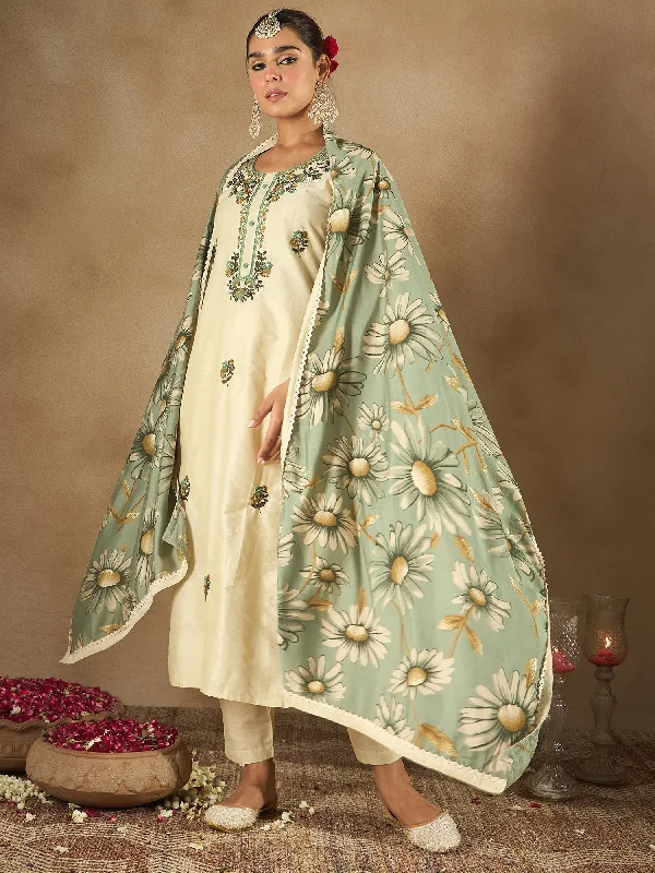 Women Cream Embroidered Straight Kurta Trousers With Dupatta Set Trousers Vintage Classic