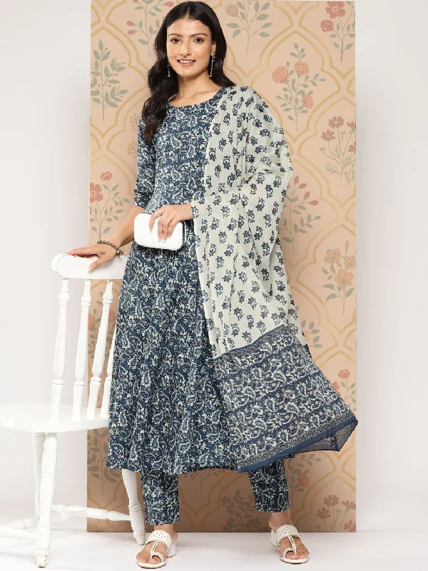 Women's Blue Ethnic Printed Anarkali Kurta With Trouser And Dupatta - Nayo Clothing Trousers Fall Fleece Women's Blue Ethnic Printed Anarkali Kurta With Trouser And Dupatta - Nayo Clothing Trousers Fall Fleece