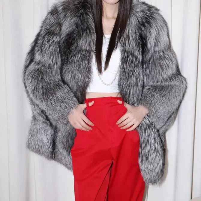 FZ Women's Silver Fox Fur Mid Length Thickening Jacket Zippered Jacket Buttoned Jacket Snapped Jacket FZ Women's Silver Fox Fur Mid Length Thickening Jacket Zippered Jacket Buttoned Jacket Snapped Jacket