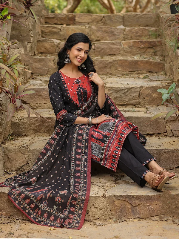 Women Black Printed Straight Kurta Trousers With Dupatta Set Trousers Yoga Stretchy